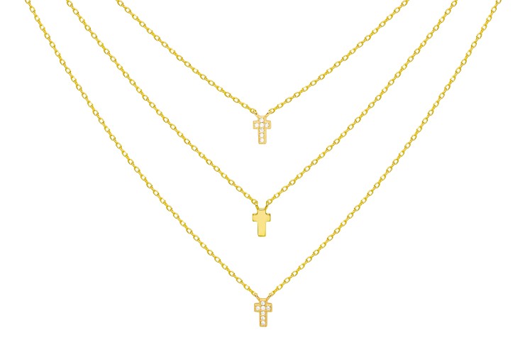 Sterling silver zirconia cross triple chain necklace