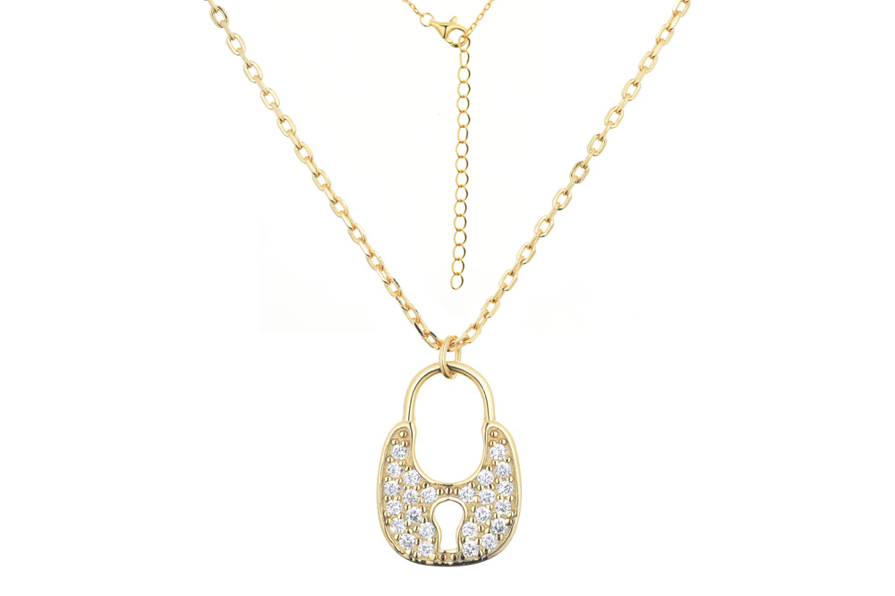 [14642N0038E5BLDO] Collar plata 925 con colgante de candado zirconita  (Oro)
