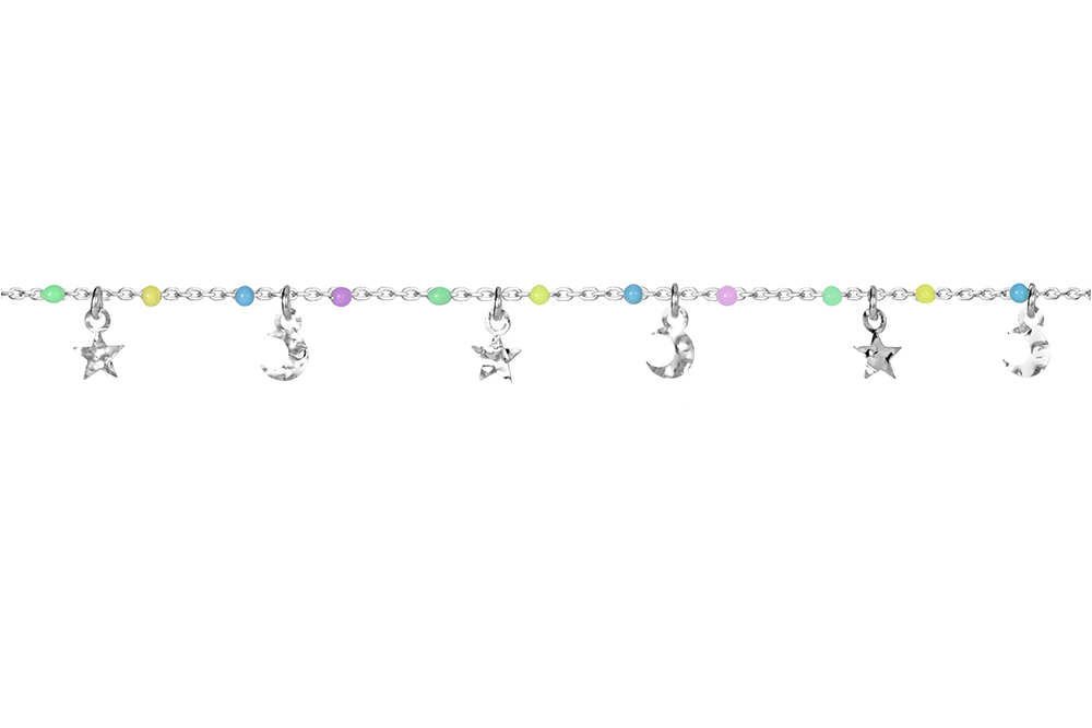 Collar plata 925 bolitas esmaltadas estrella y luna martelé 8mm