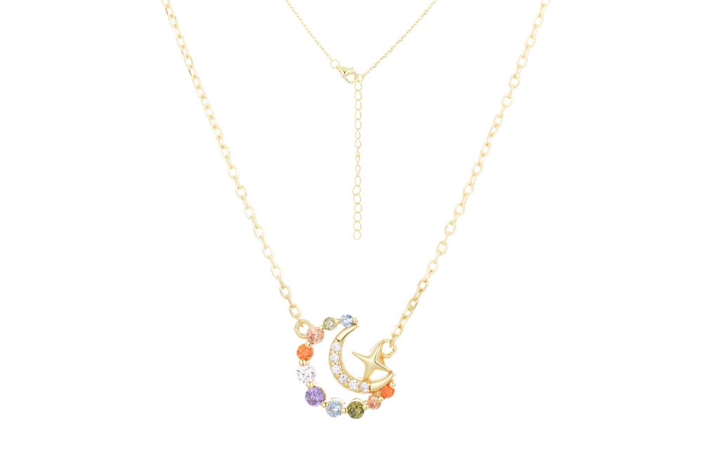 [15786N40E5ZMXDO] Sterling silver moon & mix zirconia necklace (Gold plated)
