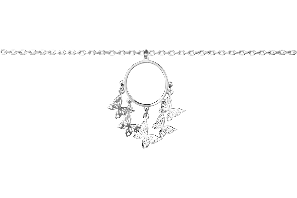 Sterling silver circle with butterflies necklace