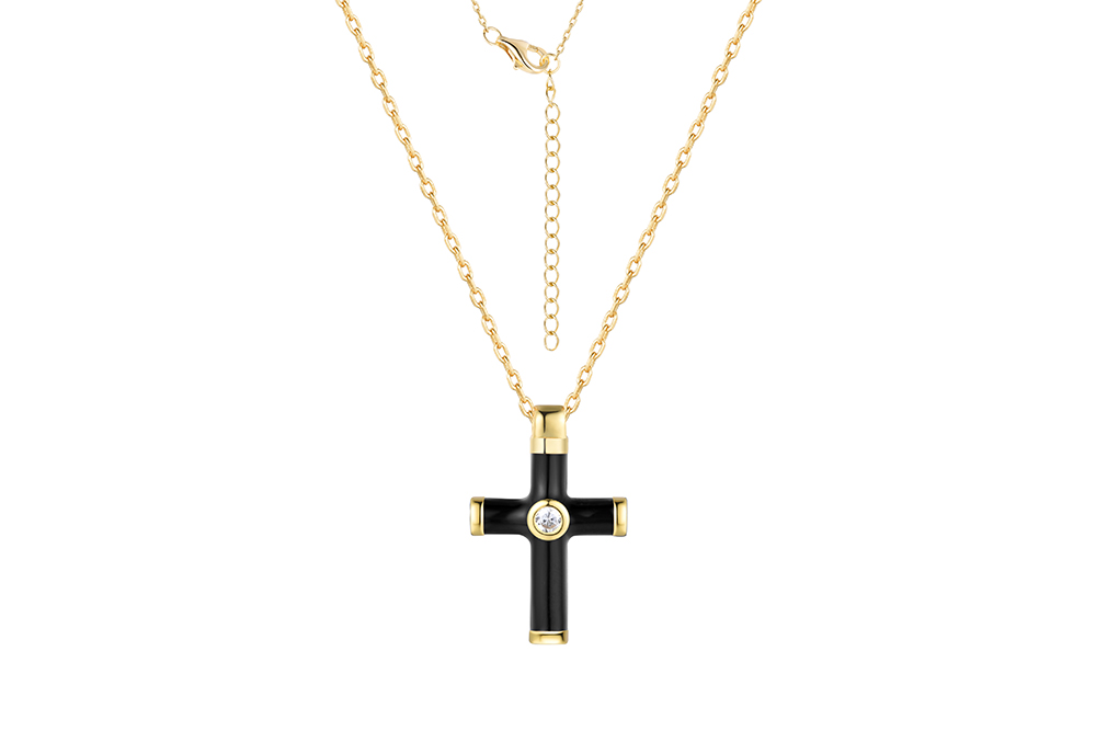 [16115N40E5ENEDO] Sterling silver enamel & zirconia cross necklace (Black)