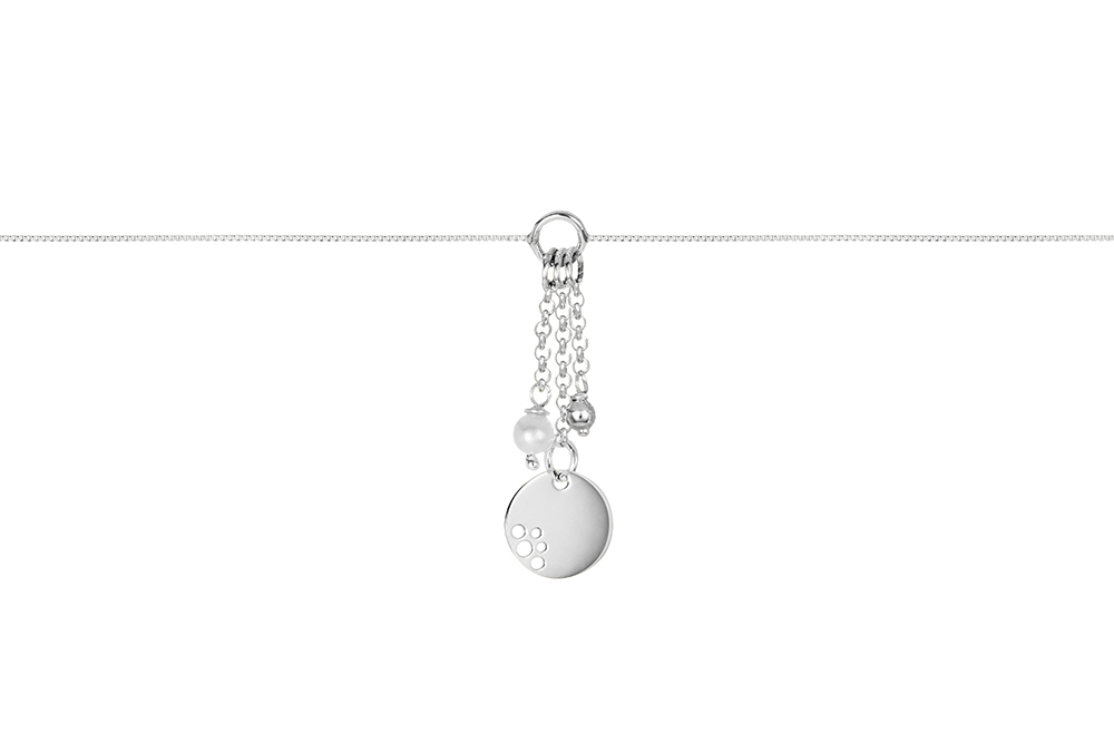 Collar plata 925 cadena con perla 3mm, bola 3mm y placa perforada 12mm