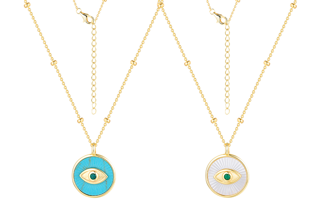 Sterling silver turquoise & mop circle with zirconia tukish eye necklace