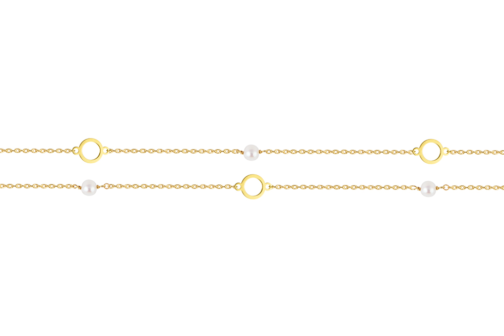 [17765N40E5PBLDO] Sterling silver necklace with 7mm circle and 5mm pearls, double chain (Gold plated)