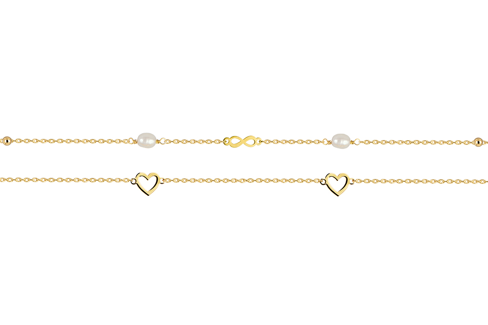 [17769N40E5PBLDO] Sterling silver necklace with 6x9mm hearts, 4x6mm pearls, and 3x11mm infinity symbol (Gold plated)
