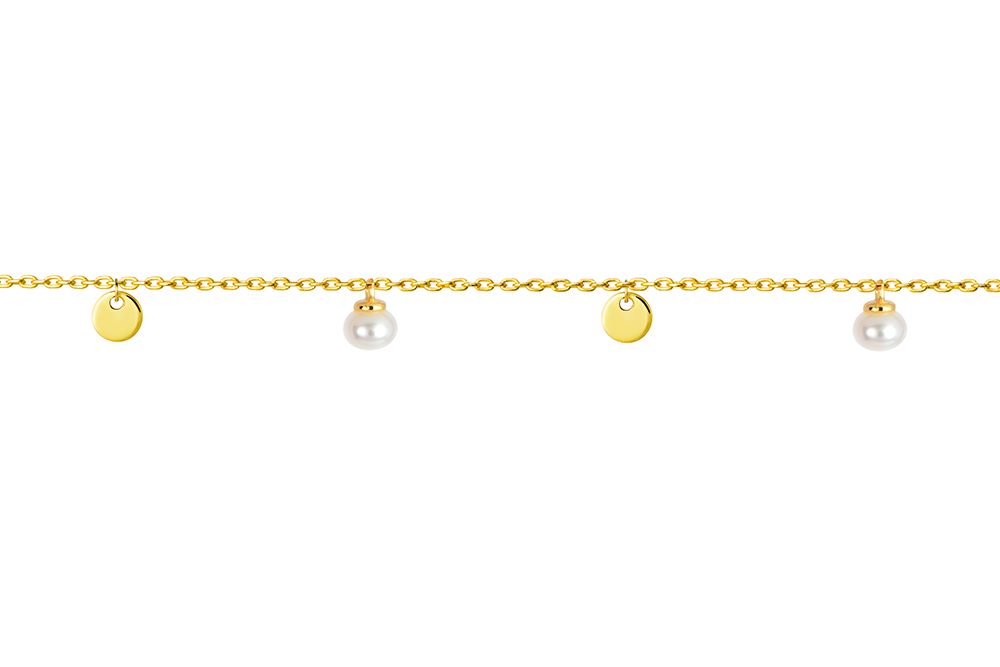 [18057N4500PBLDO] Sterling silver necklace with six 4mm plaques and five 5mm pearls (Gold plated)