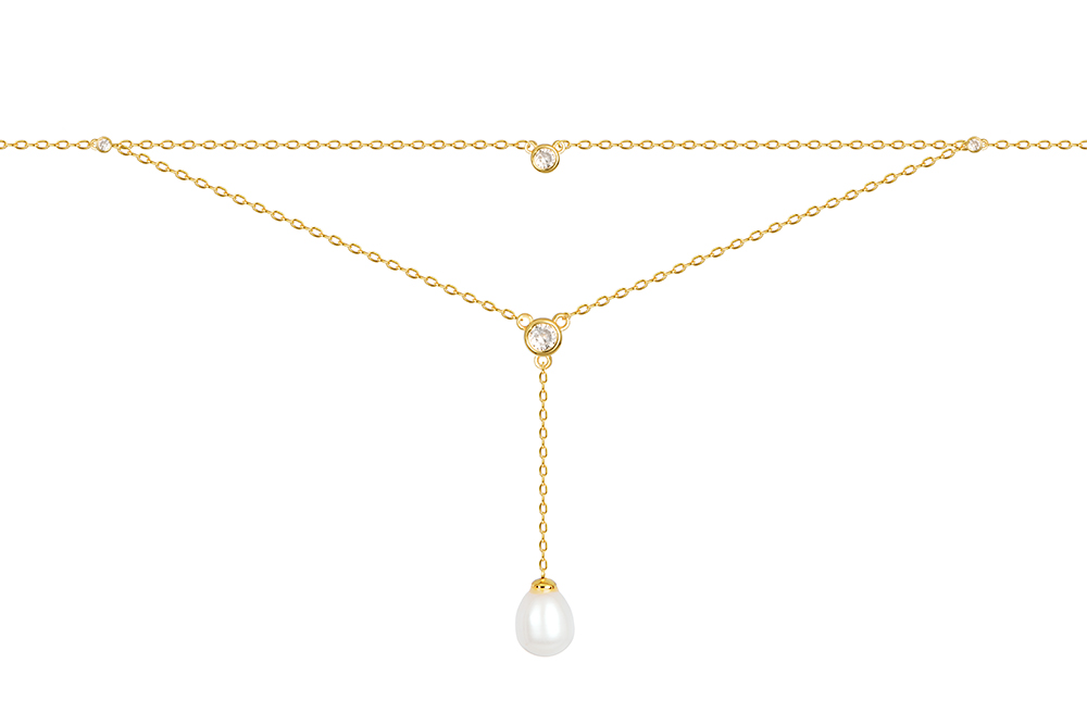 Sterling silver double chain zirconia & pearl necklace