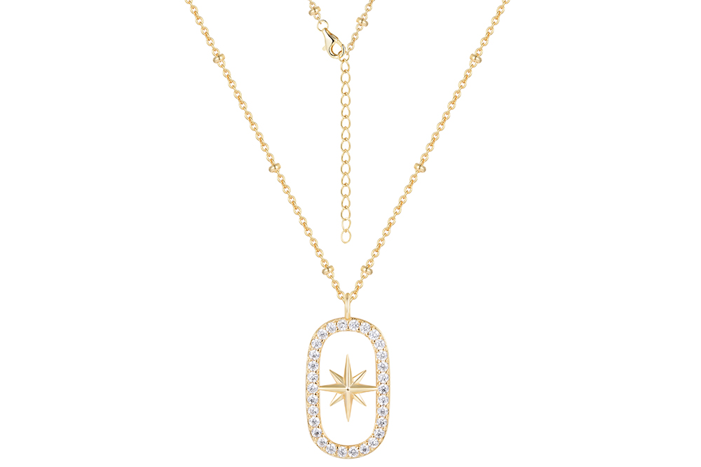 Sterling silver compass rose framed with zirconia necklace