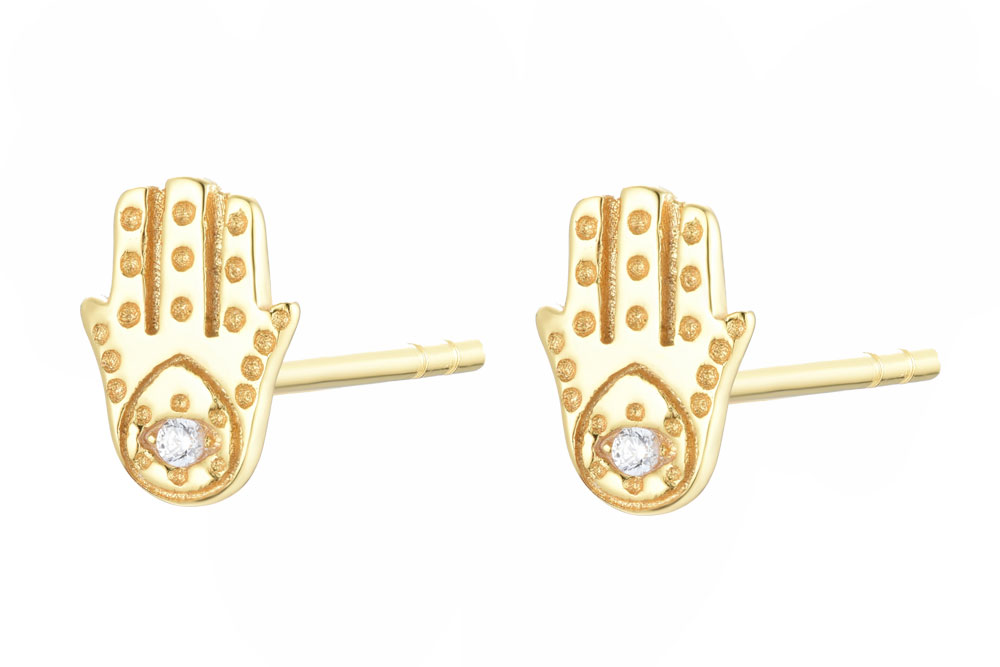 [14967E000000BLDO] Sterling silver zirconia hand of fatima earring (White, Gold plated)