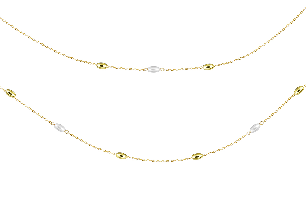 [18693N38E5PBLDO] Sterling silver double chain with 7x4mm oval pearls necklace (Gold plated)