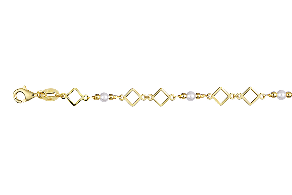 [18706B16E3PBLDO] Sterling silver with 6mm rhomboids and 3mm pearls bracelet (Gold plated)