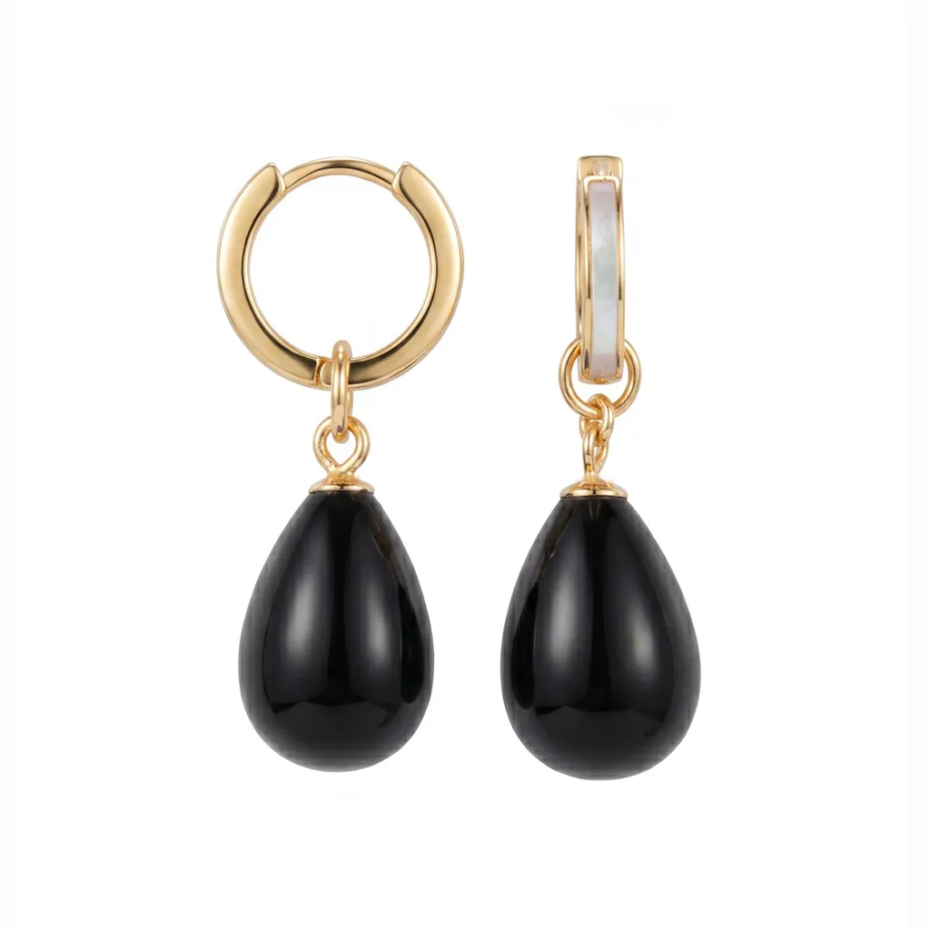 [18045ERONDO] Pendiente plata 925 aro nacar 3mm con piedras semipreciosas en forma de gota 16x8mm (Negro)