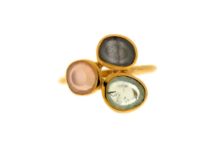 Anillo plata 925 labradorita + piedra luna + prehinita 