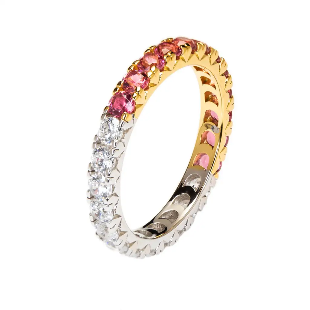 Sterling silver band ring with roses and white zirconia stones