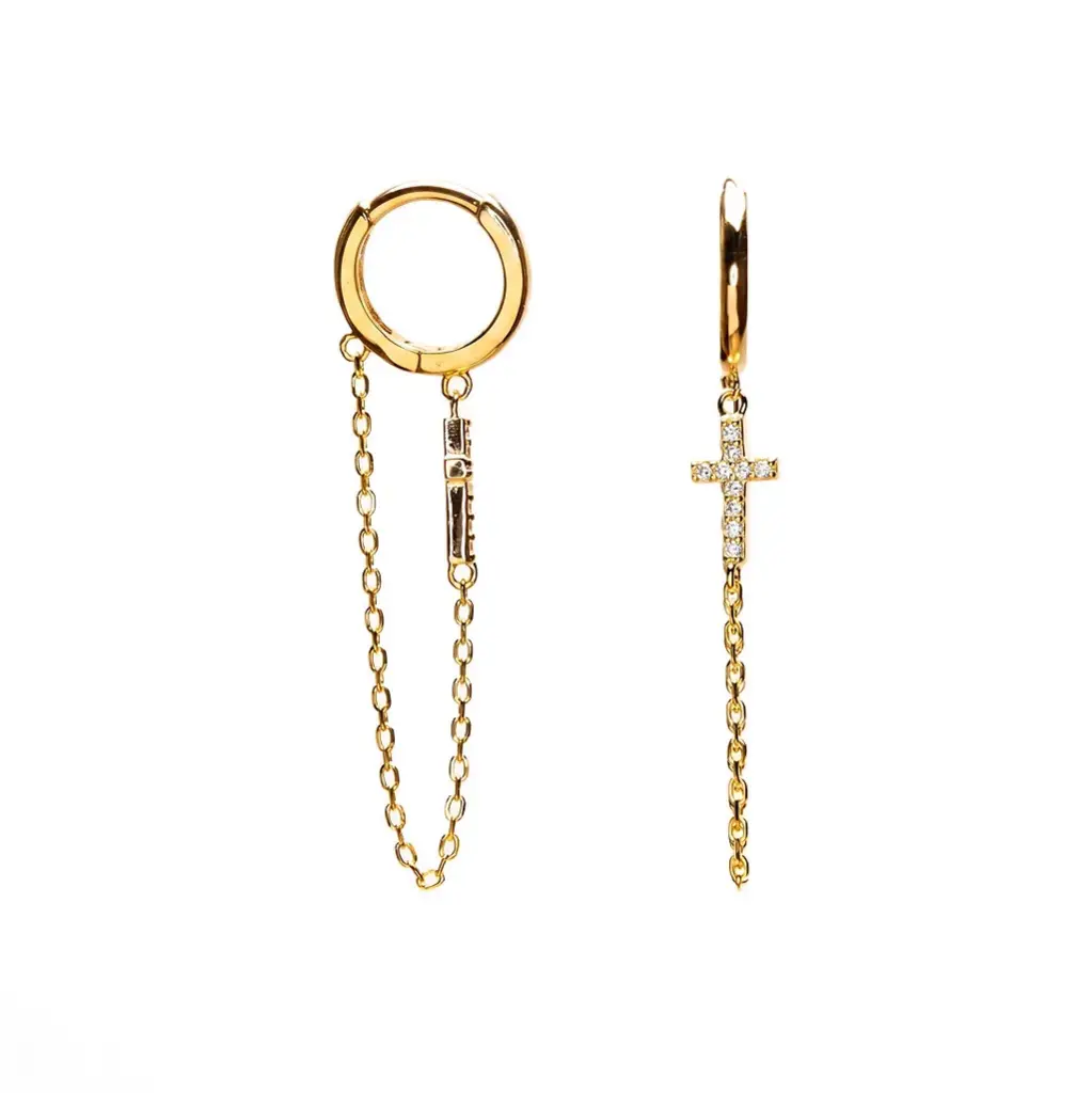 [19049EZBLDO] Pendiente plata 925 aro con cruz de 12x5mm con circonitas y cadena (Oro)