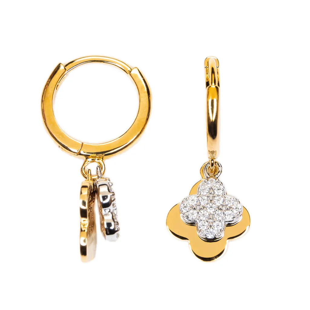 [19058EZBLRDDO] Sterling silver hoop with zirconia flower and plain finish earrings