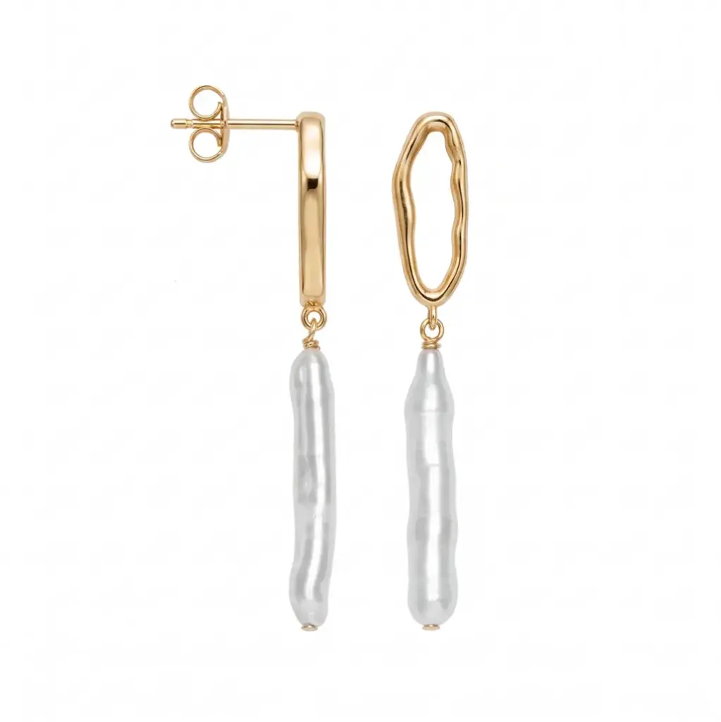 Sterling silver irregular oval design with 23×5 mm pearl earring