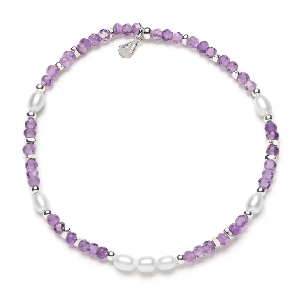 [19071BRAMPL] Sterling silver elastic bracelet with 4 mm semiprecious stones interspersed with 4×5 mm pearls (Amethyst, Sterling silver)