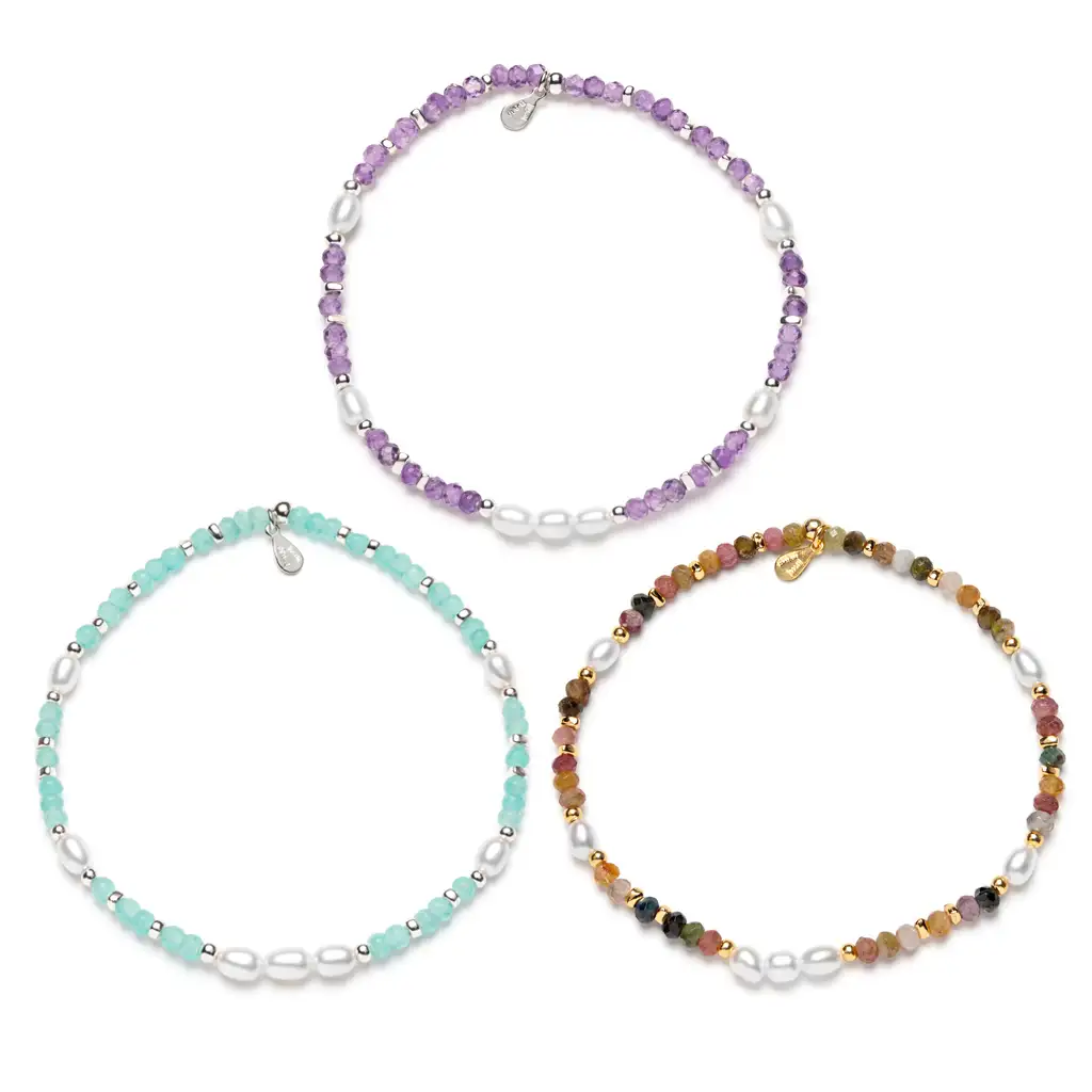 Pulsera plata 925 elástica con piedras semipreciosas de 4mm intercalada con perlas 4x5mm