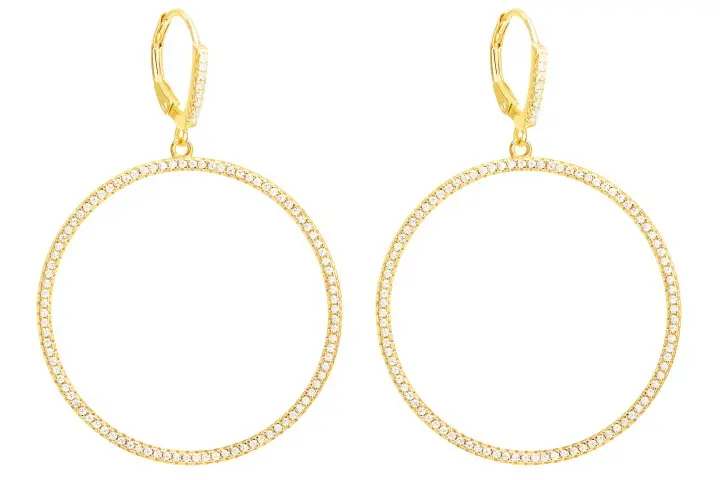 Sterling silver circle charm drop earrings – French hook with cubic zirconia