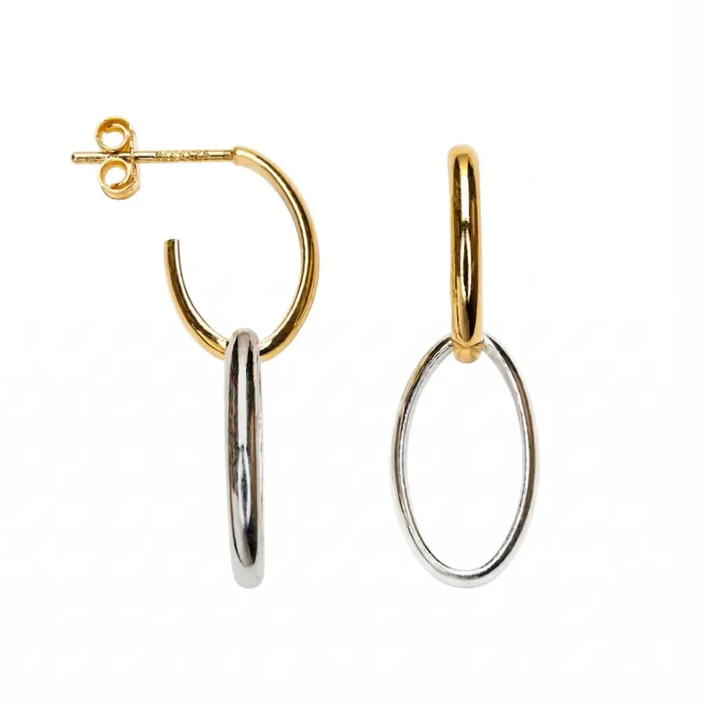 Sterling silver two fixed interlocking oval hoop earrings