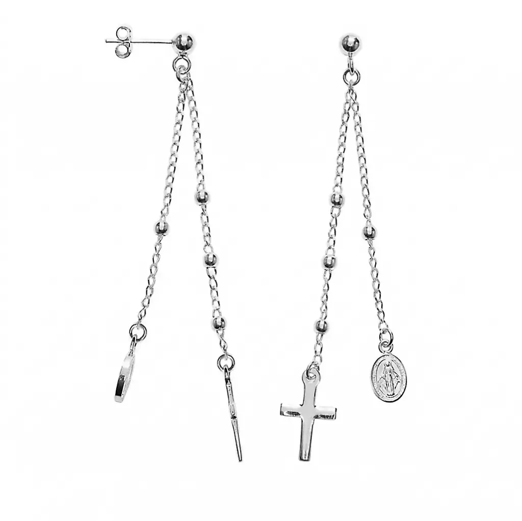 Sterling silver rosary style bead chain hoop earrings with cross and virgin
