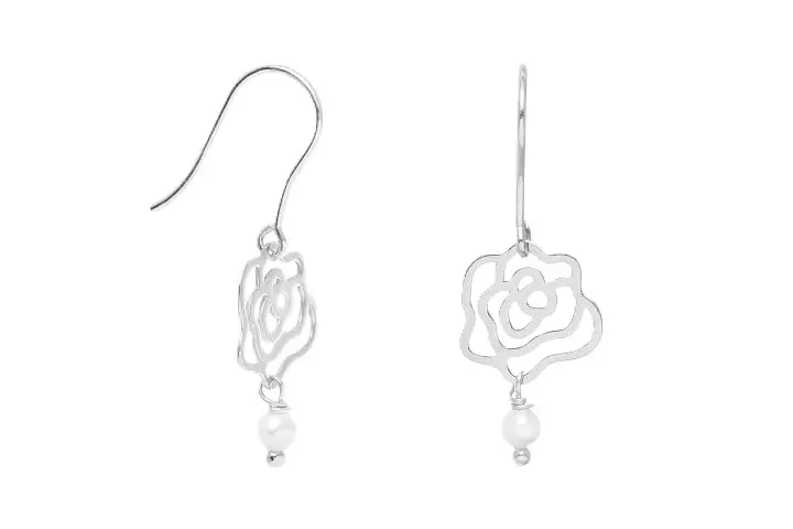 [0893100000PL] Sterling silver rose flower earrings with pearl (Sterling silver)
