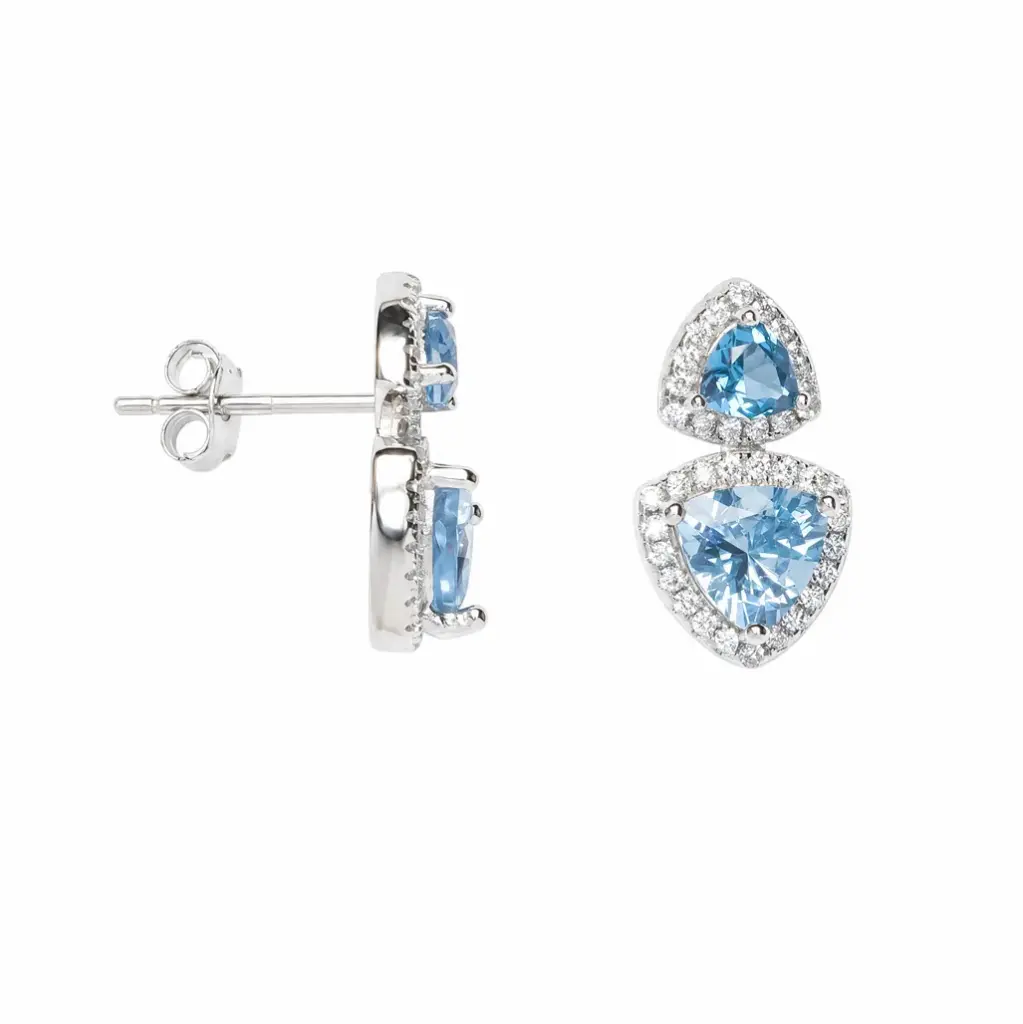Pendiente plata 925 dos circonitas triangulares rodeadas de mini circonitas blancas