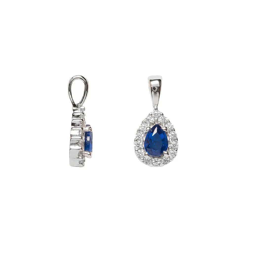 Sterling silver pear-cut cubic zirconia with white mini cubic zirconia halo pendant.