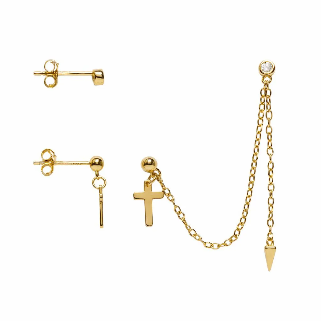 Sterling silver cross with chain and cubic zirconia multi-earring set