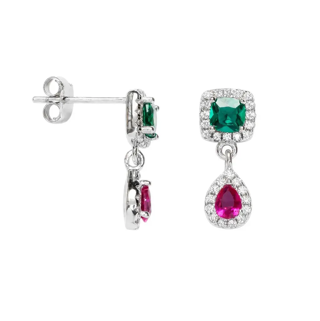 Sterling silver square and oval cubic zirconia with white mini cubic zirconia halo earrings.
