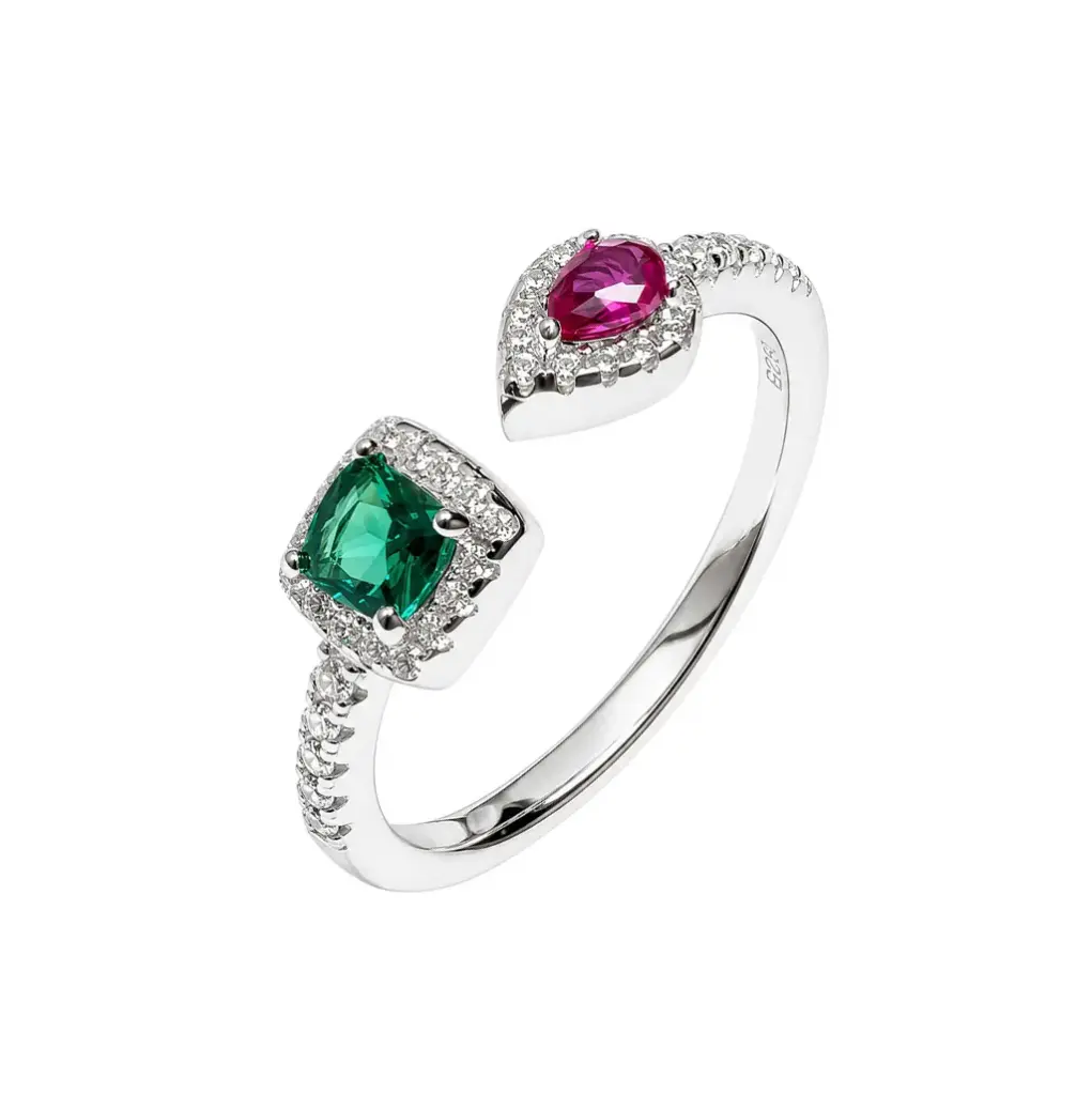 Sterling silver square and oval cubic zirconia with white mini cubic zirconia halo ring