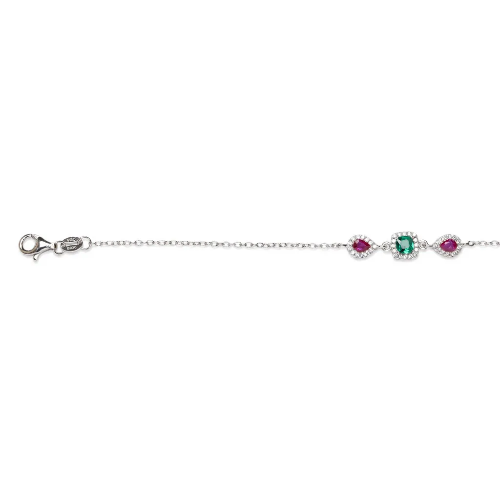 Pulsera plata 925 tres circonitas cuadrada y ovaladas con mini circonitas blancas
