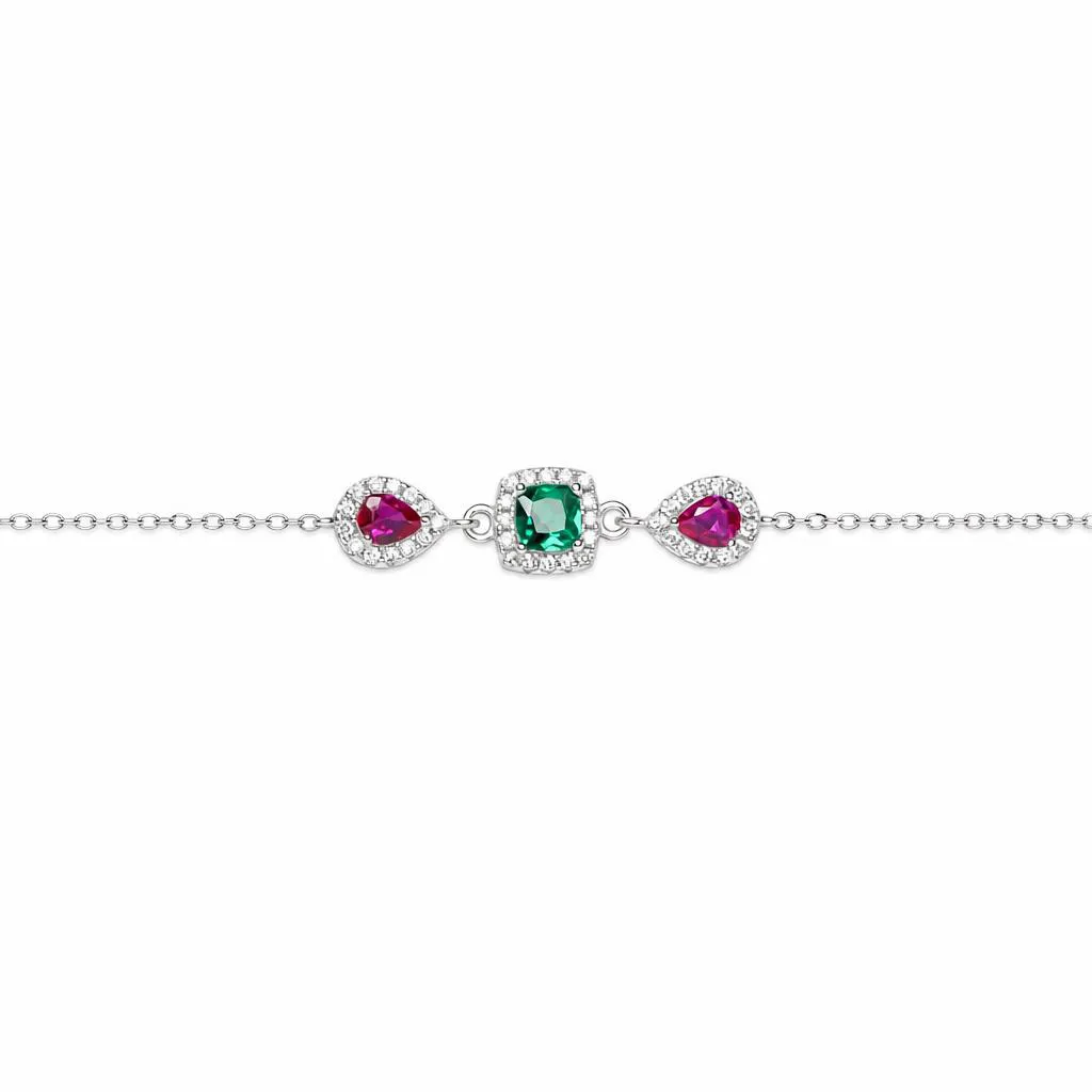 Pulsera plata 925 tres circonitas cuadrada y ovaladas con mini circonitas blancas
