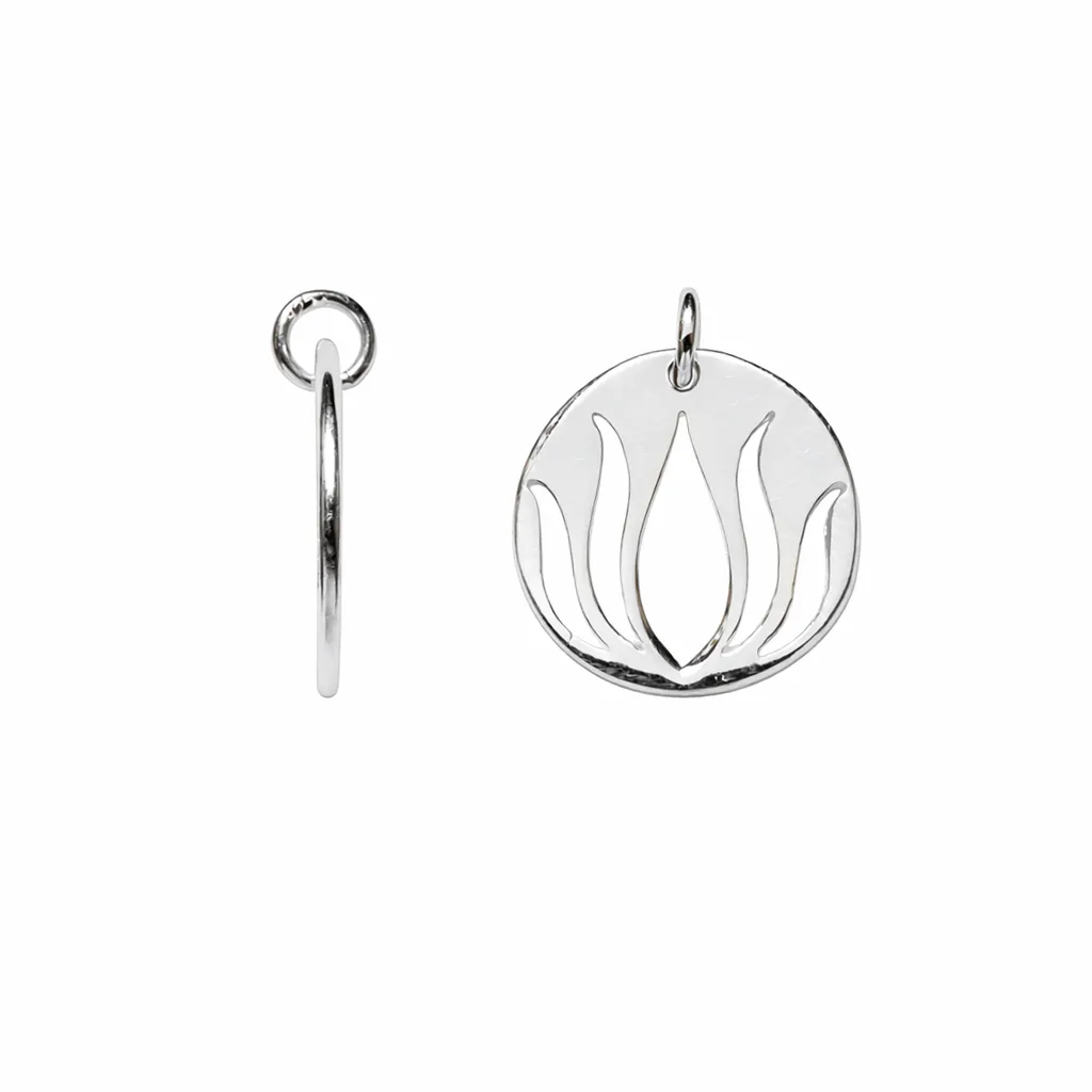 Sterling silver round disc charm with cut-out lotus flower