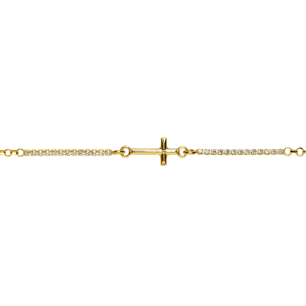[19317B17E3ZBLDO] Sterling silver sideways cross bracelet with cubic zirconias (Gold plated)