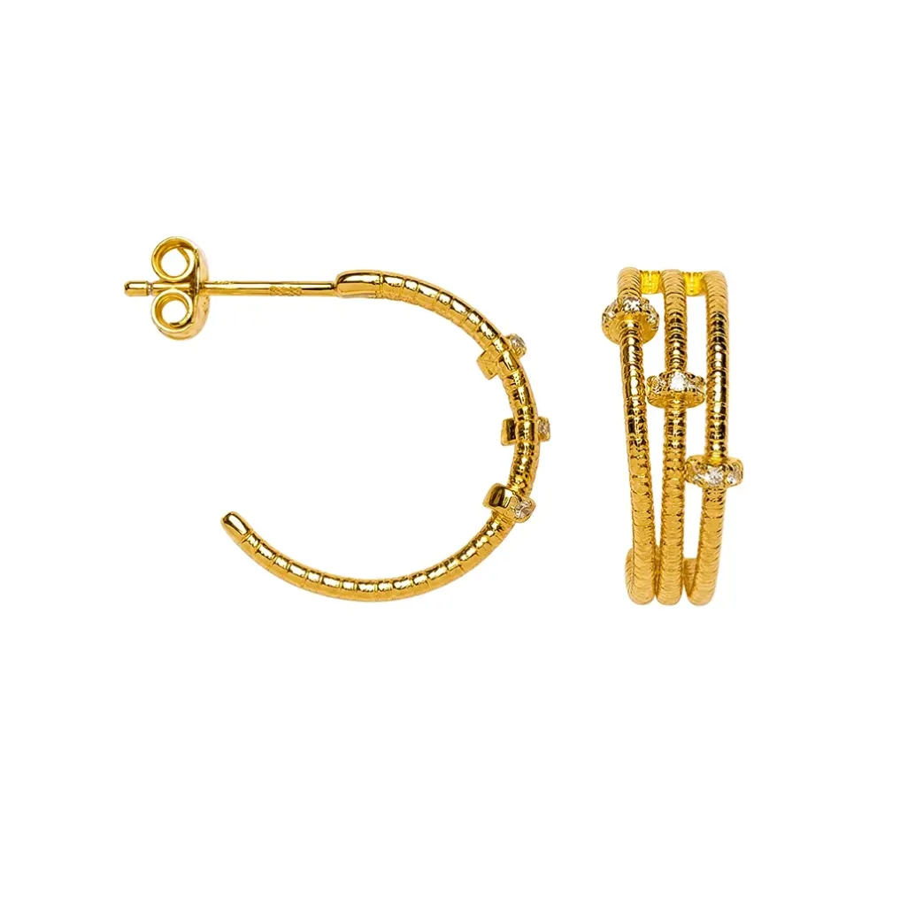 [19328EZBLDO] Sterling silver triple hoop earrings with three cubic zirconias (Gold plated)