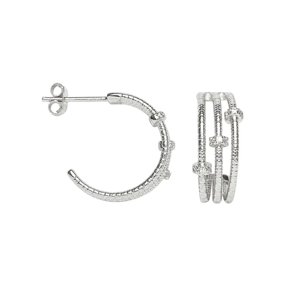 Sterling silver triple hoop earrings with three cubic zirconias