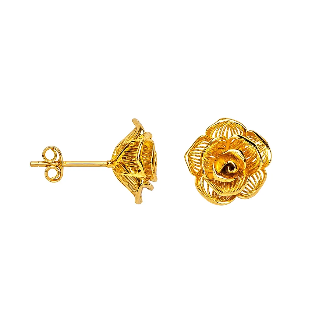 [19339EDO] Sterling silver 3D rose model earrings (Gold plated)