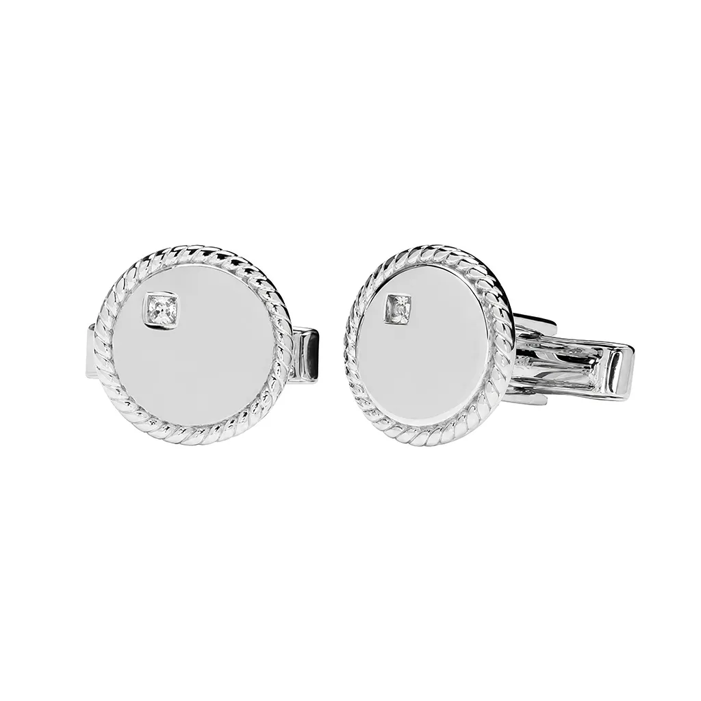 [19351CZBLRD] Sterling silver round with rope edge and inset mini cubic zirconia cufflinks