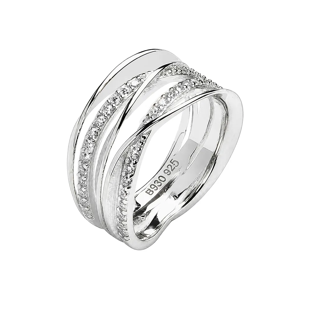 Anillo plata 925 cinta plana intercalada con alianza curva de circonitas