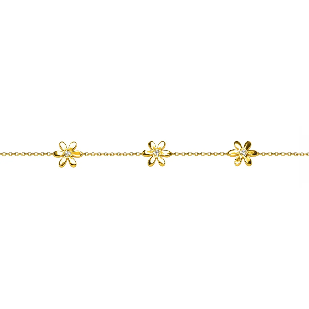 Sterling silver three-daisy with cubic zirconias bracelet.