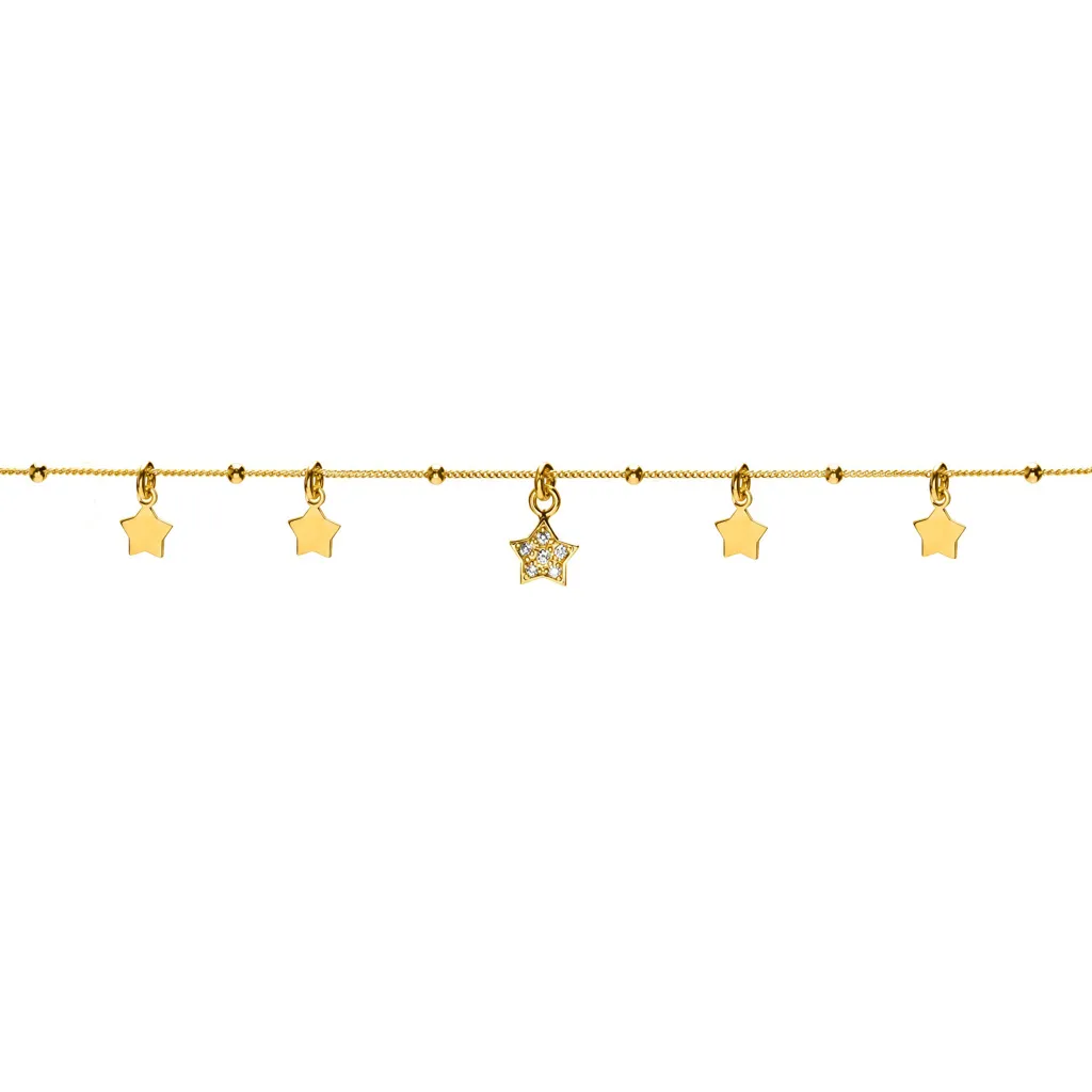 [19383N38E5ZBLDO] Sterling silver 6mm plain stars and 6mm cubic zirconia star necklace. (Gold plated)