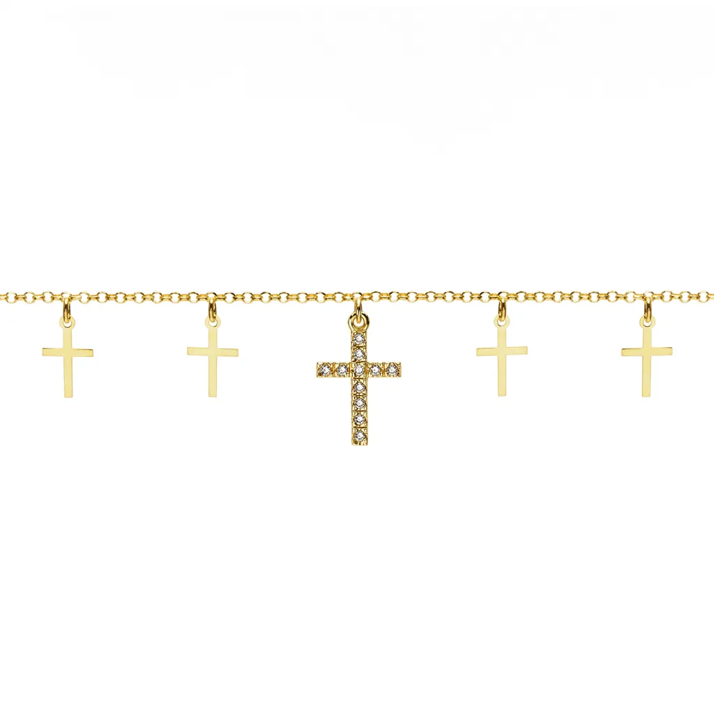 [19390B16E3ZBLDO] Pulsera plata 925 con cruces de 12x7mm y una cruz con circonitas de 18x11mm (Oro)