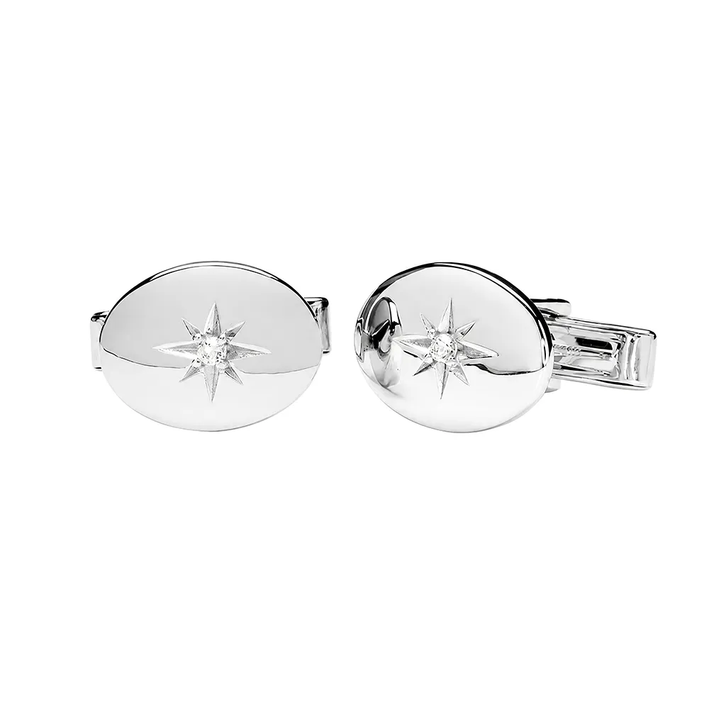 [19415CZBLRD] Sterling silver compass rose cubic zirconia cufflink