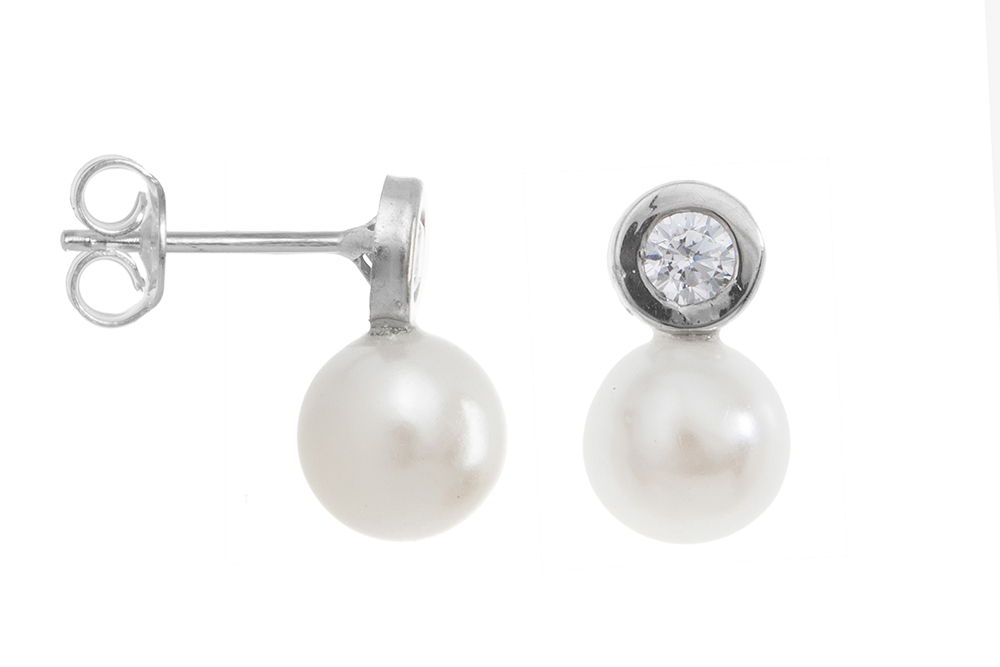 [09786EPBLDO] Sterling silver fresh water pearl 6mm & cz earring (Gold plated)