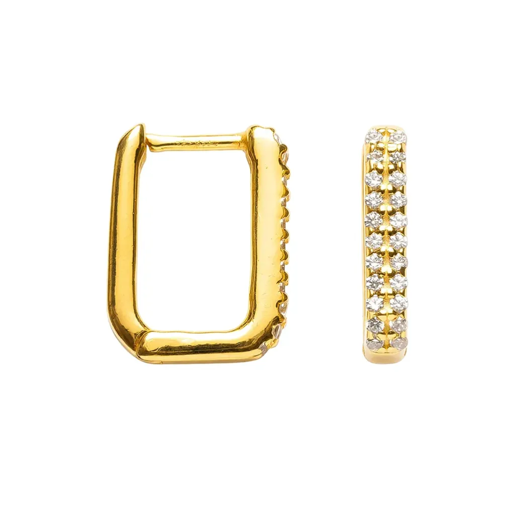 [19543EZBLDO] Sterling silver rectangular hoop earring with two rows of cubic zirconia (Gold plated)