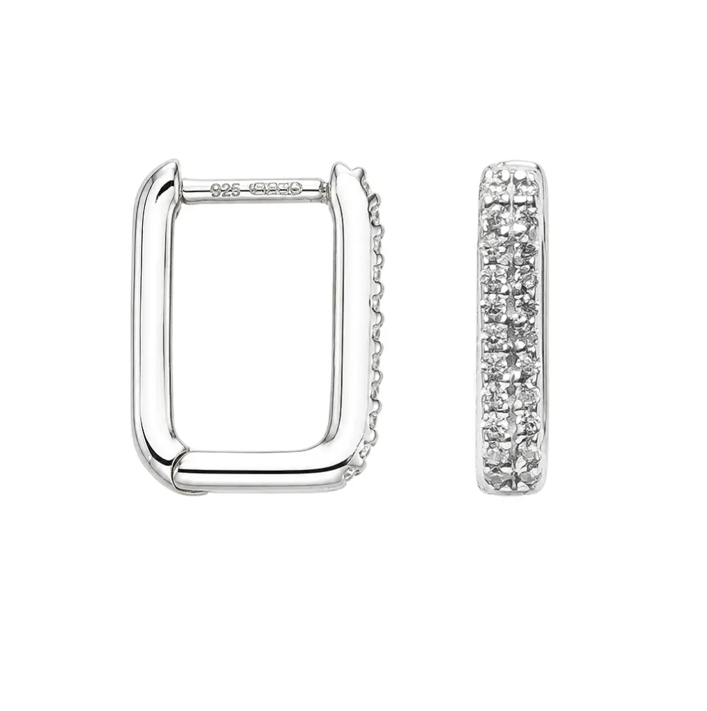 Pendiente plata 925 aro rectangular con dos líneas de circonitas