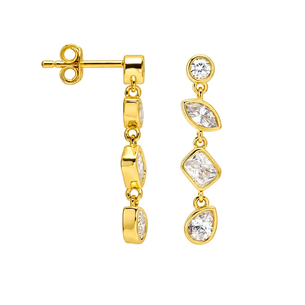 [19632EZBLDO] Sterling silver four distinct shape zirconia earring (Gold plated)